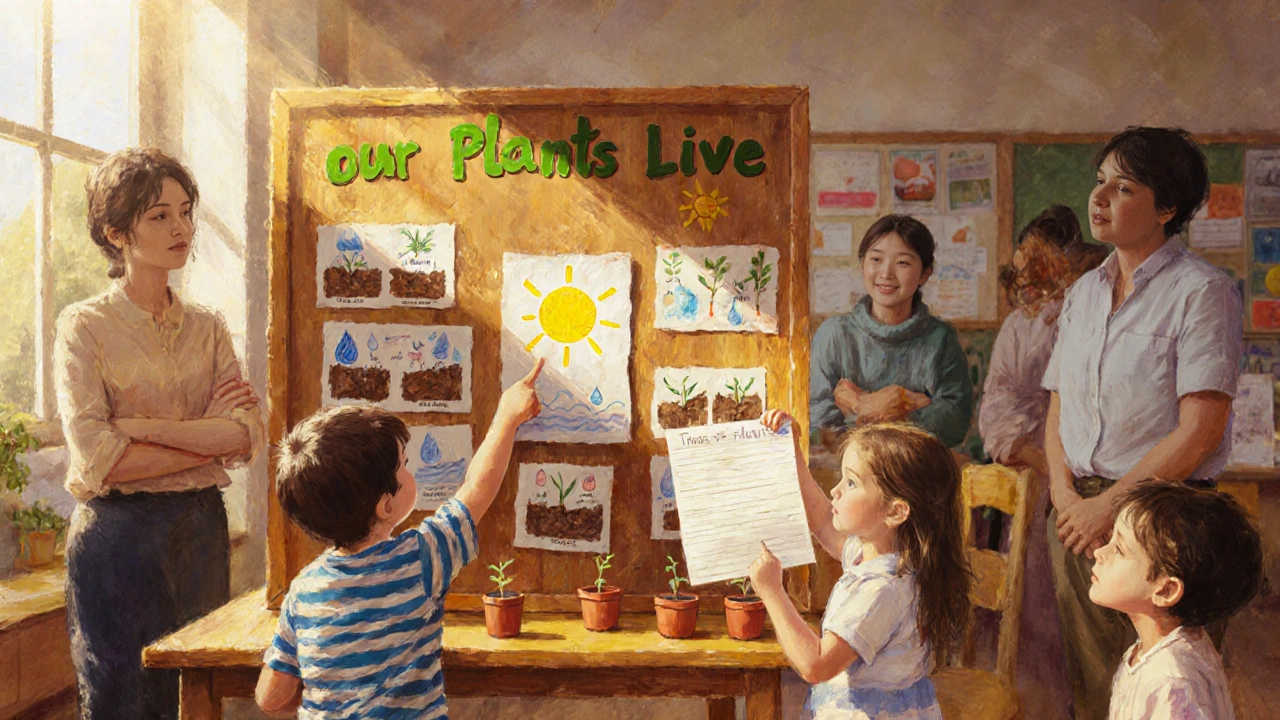 Дети демонстрируют проект о растениях на выставке с рисунками и горшками.