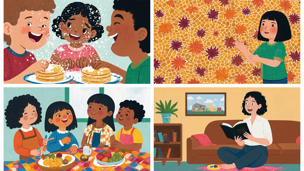 Дети готовят блины, собирают листочки и проводят пикник, показывая домашние традиции.