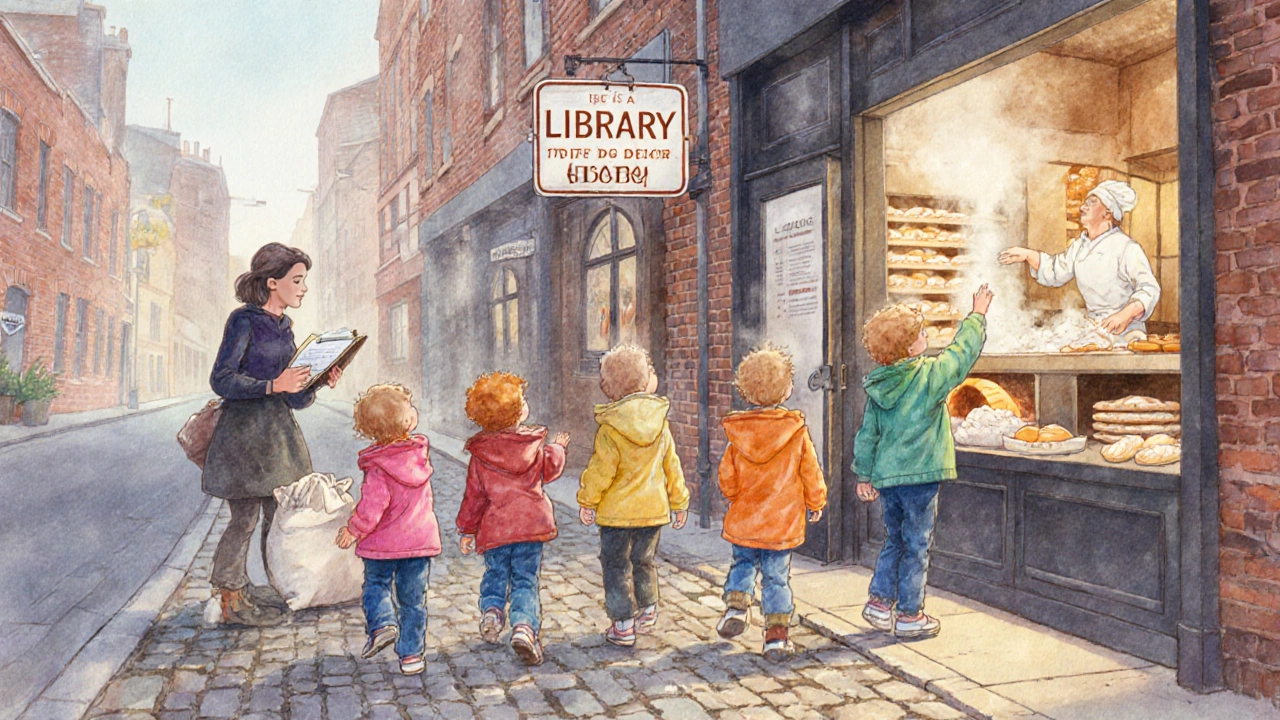 Дети на экскурсии к пекарне, один ребенок трогает мешок с мукой.