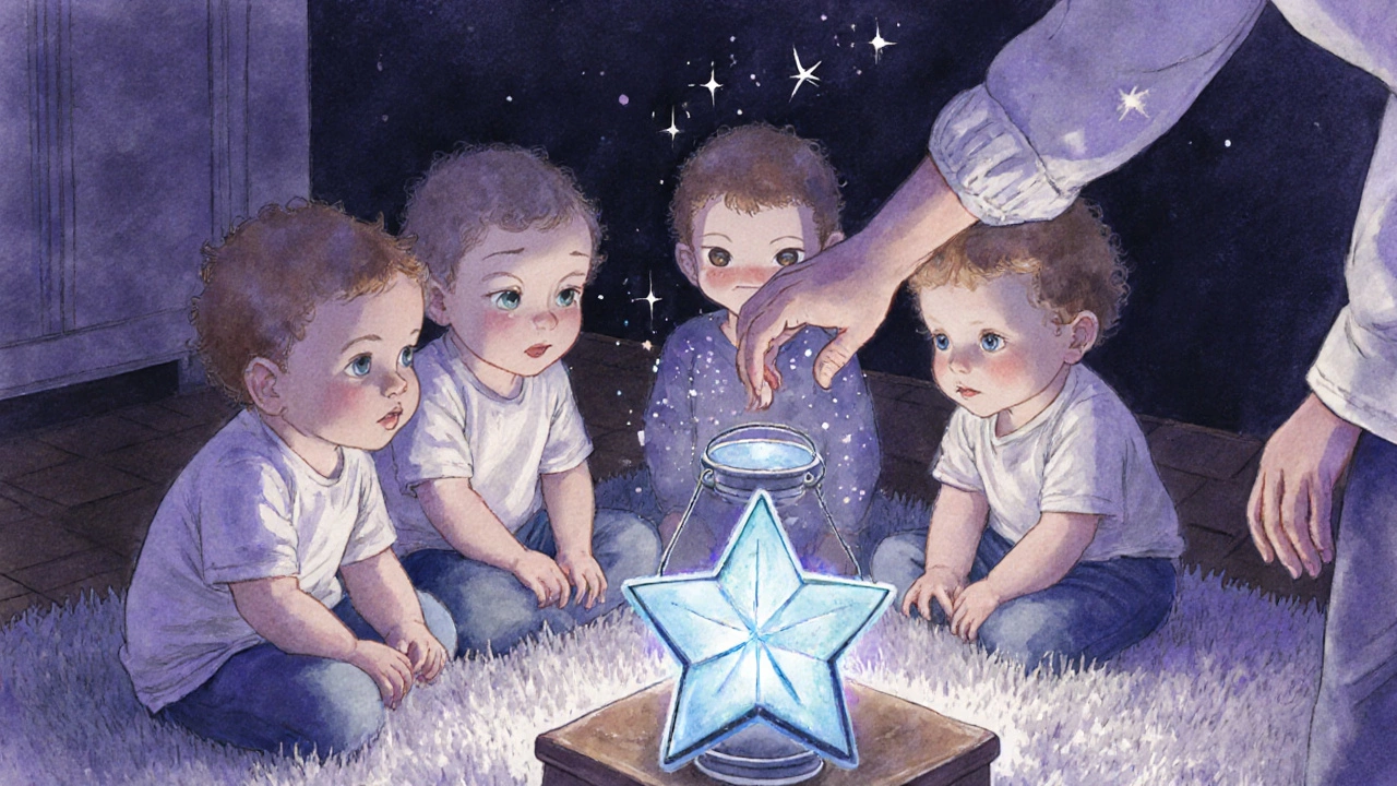 Дети шепчут желания в светящемся фонарике‑звезде в полутёмной комнате.