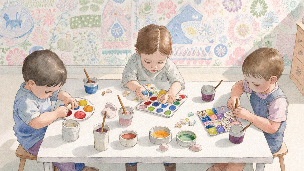 Дети у столика с красками, глиной и тканями делают совместный коллаж.
