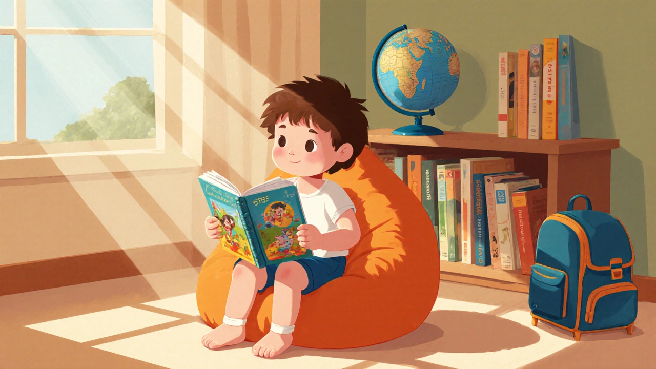 Ребёнок читает красочную книгу в уютном уголке домашнего класса.