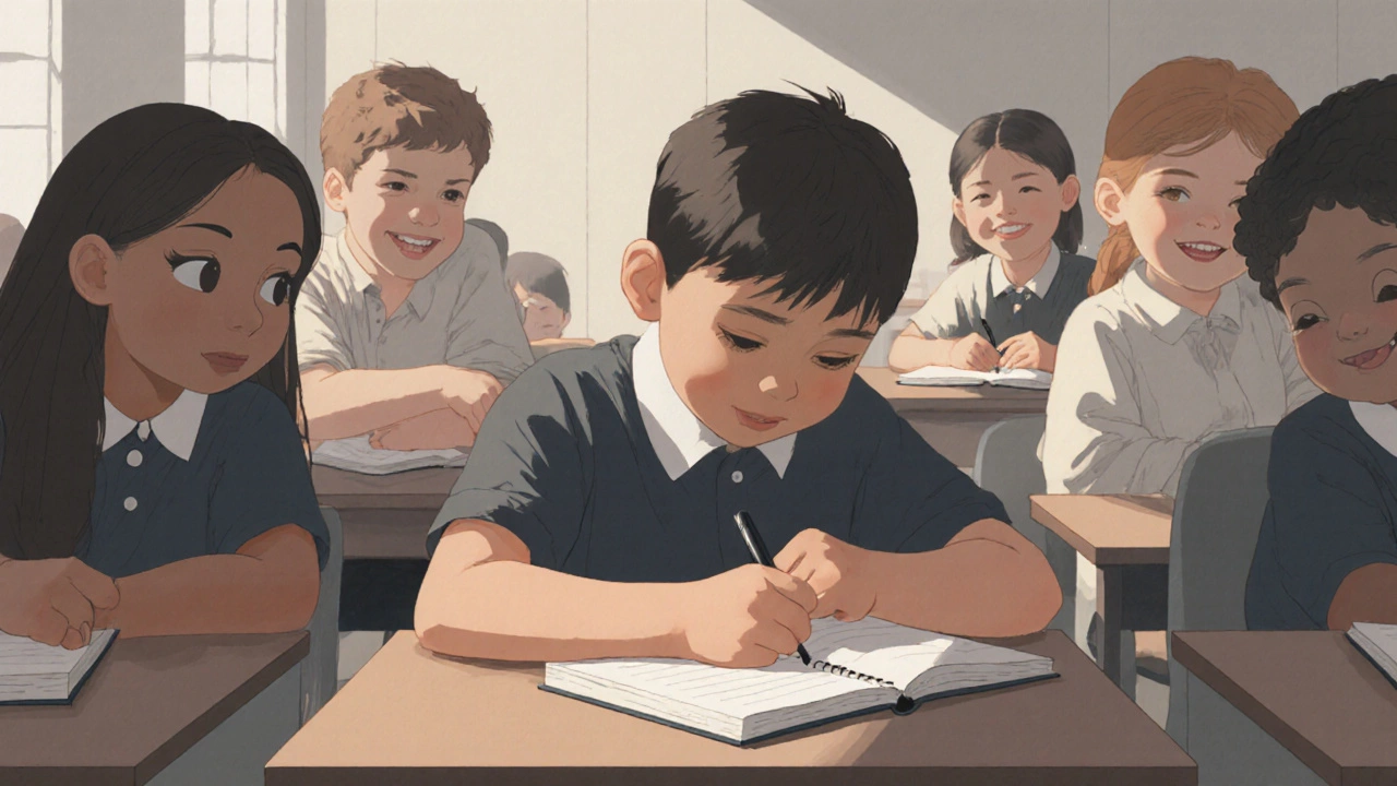 Ребёнок сидит один за партой, чувствуя себя изолированным среди сверстников.