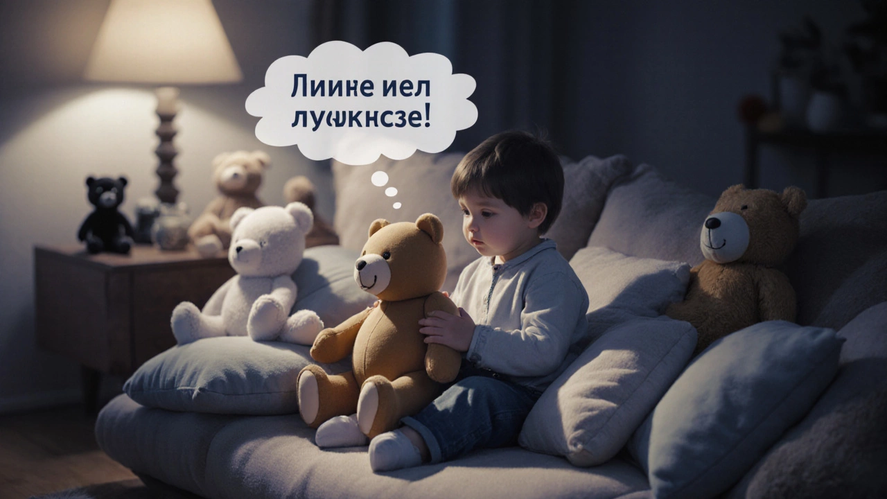 Ребенок сидит в уголке спокойствия с игрушками, выражая чувства через игру.