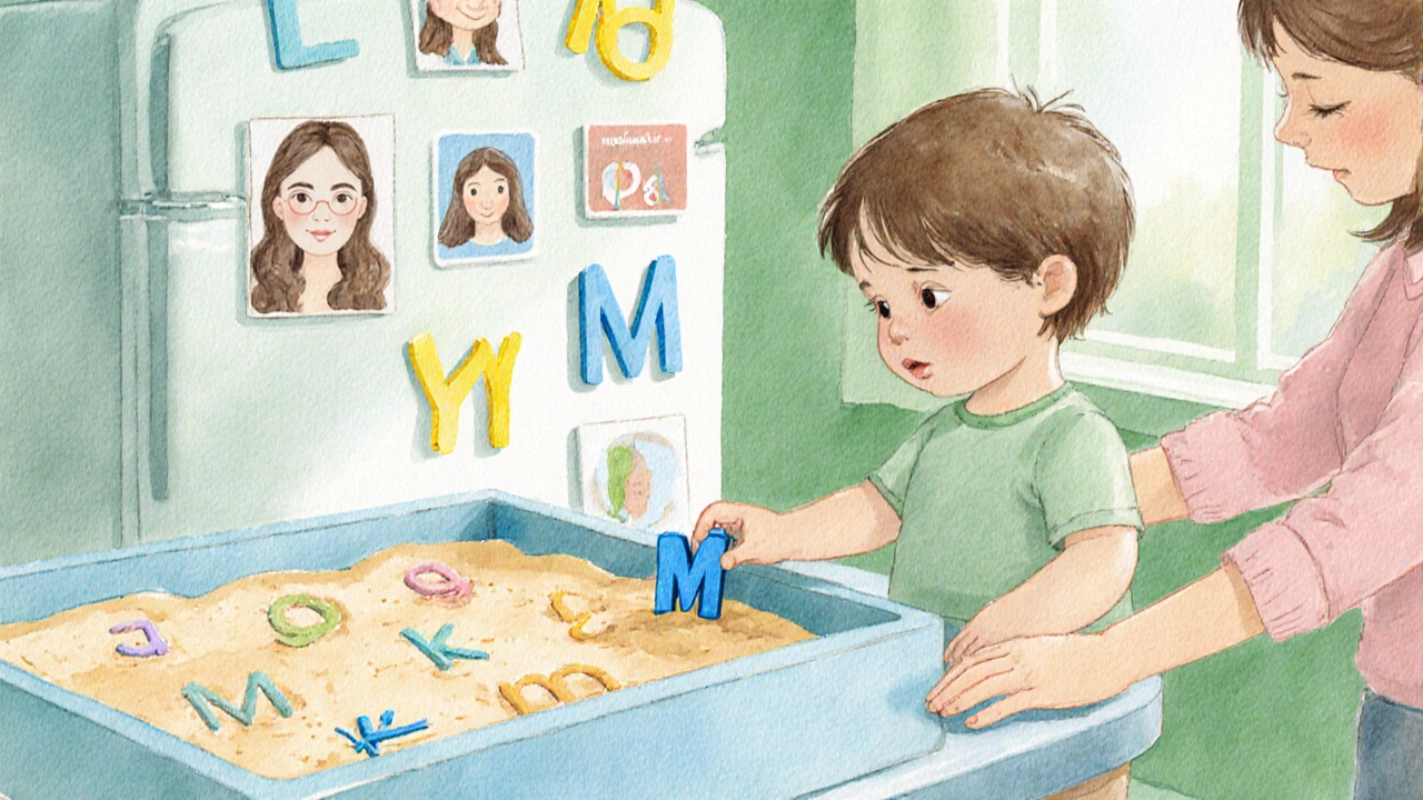 Ребёнок собирает магнитные буквы и пишет их в песочнице, родители помогают.