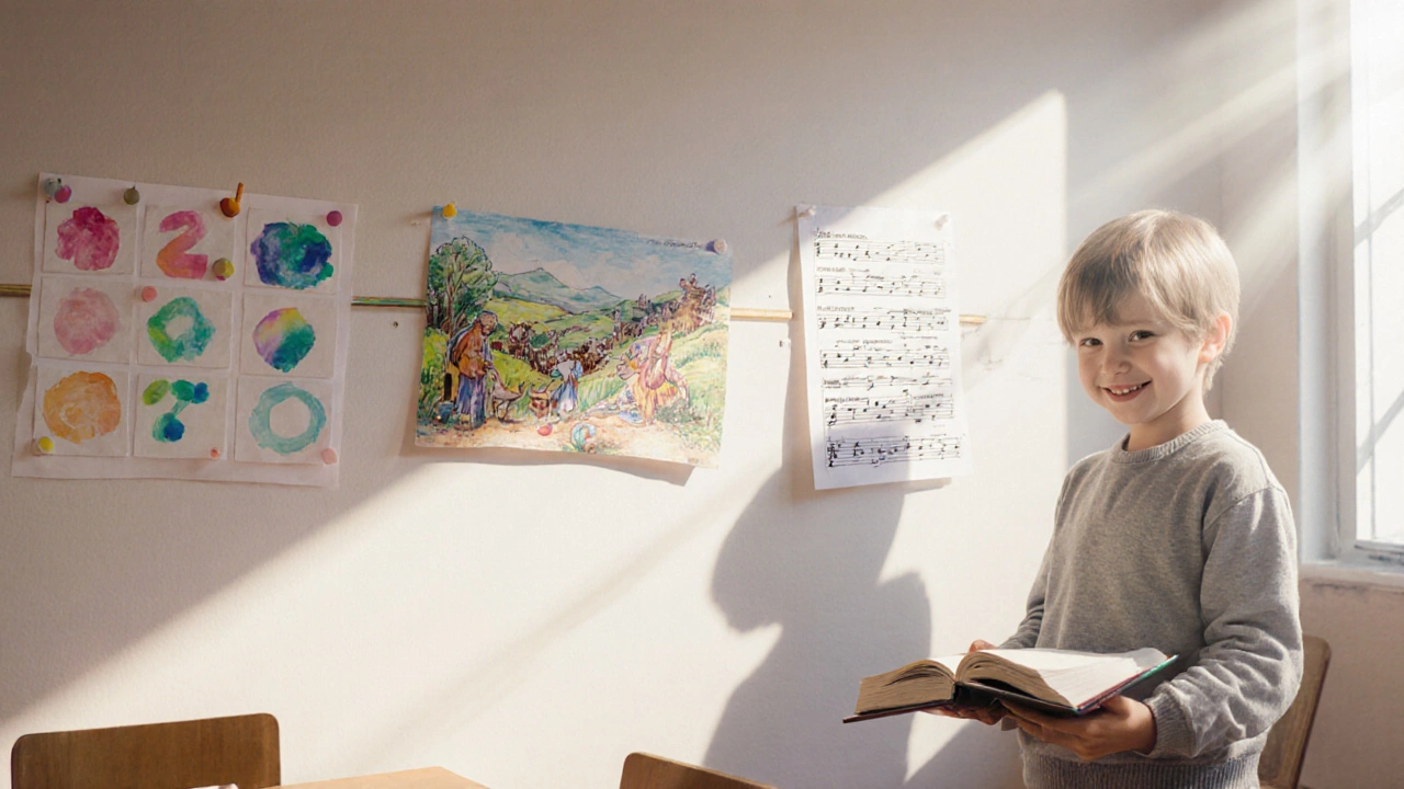 Стена с работами ребёнка разных возрастов, он держит открытый скетчбук.