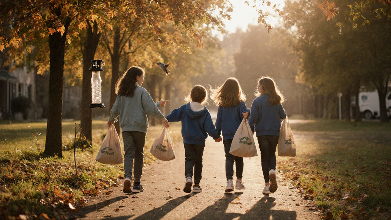 Дети идут в школу с тканевыми сумками, проходят мимо деревьев, которые сами посадили.