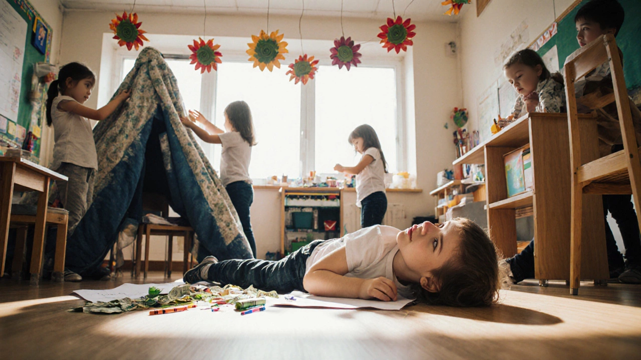 Дети играют без взрослых: строят дом из стульев, рисуют и лежат на полу, наслаждаясь свободой.