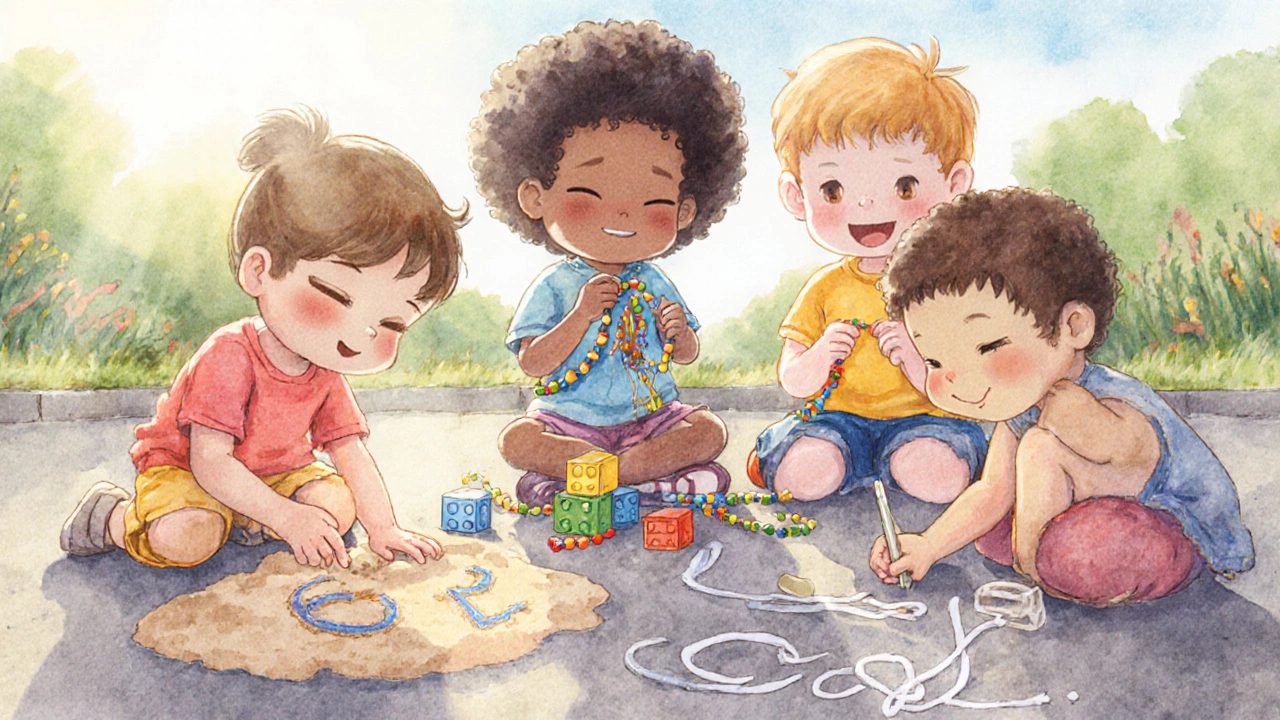 Дети играют: рисуют в песке, собирают буквы из лего и нанизывают бусинки.