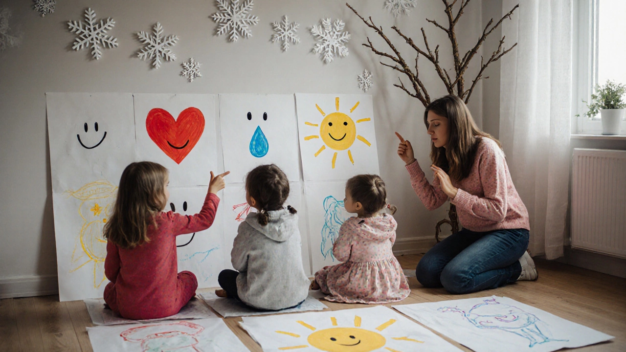 Дети молча рисуют свои чувства, не говоря ни слова, в спокойном уголке группы.