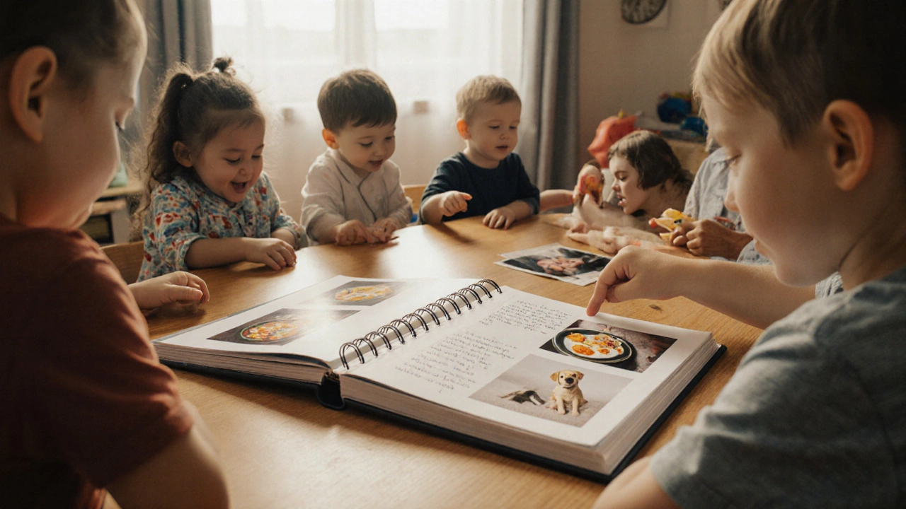 Дети рассматривают семейные фотографии в большом альбоме, рассказывая истории о своих моментах.
