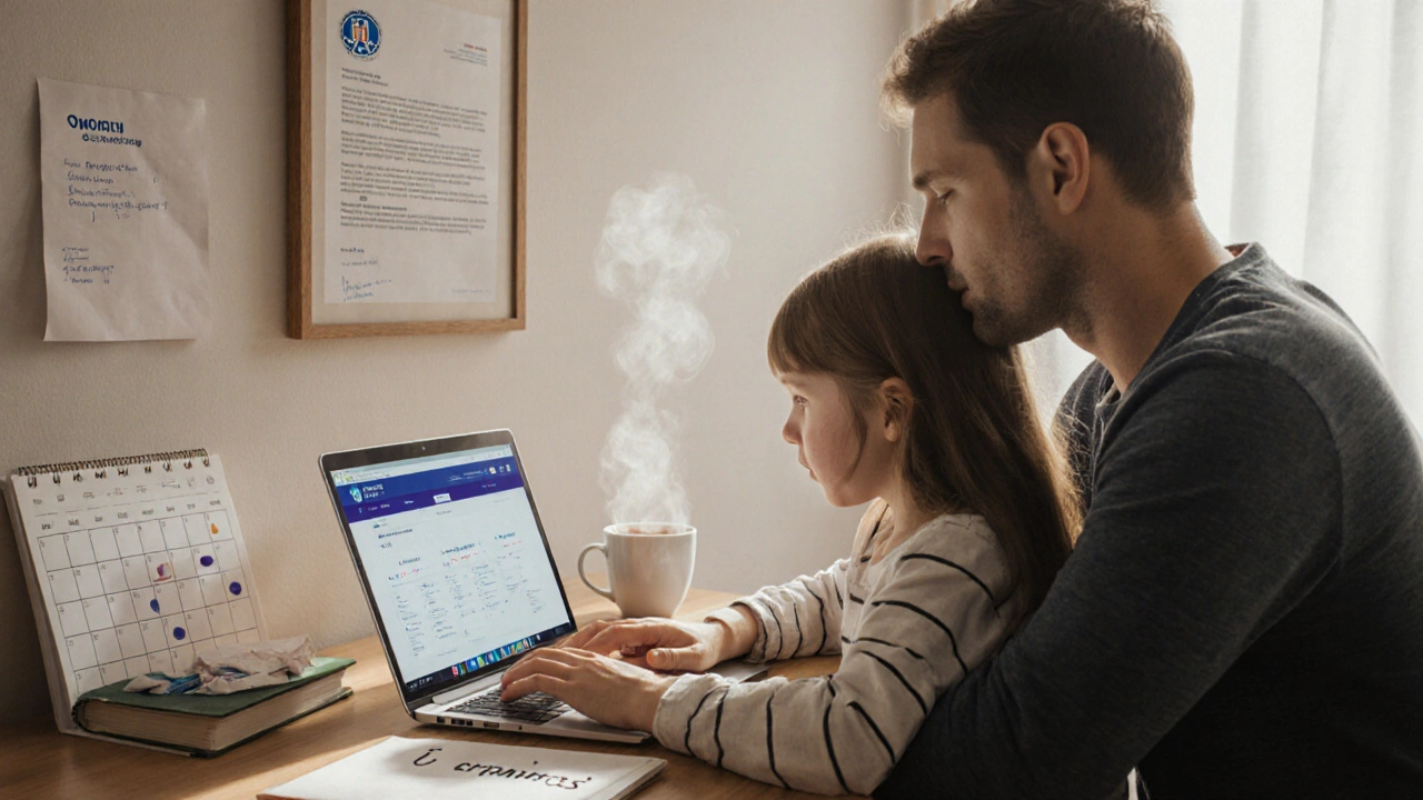 Отец помогает ребёнку учиться дома за кухонным столом, на экране — электронная школа, на стене — разрешение.