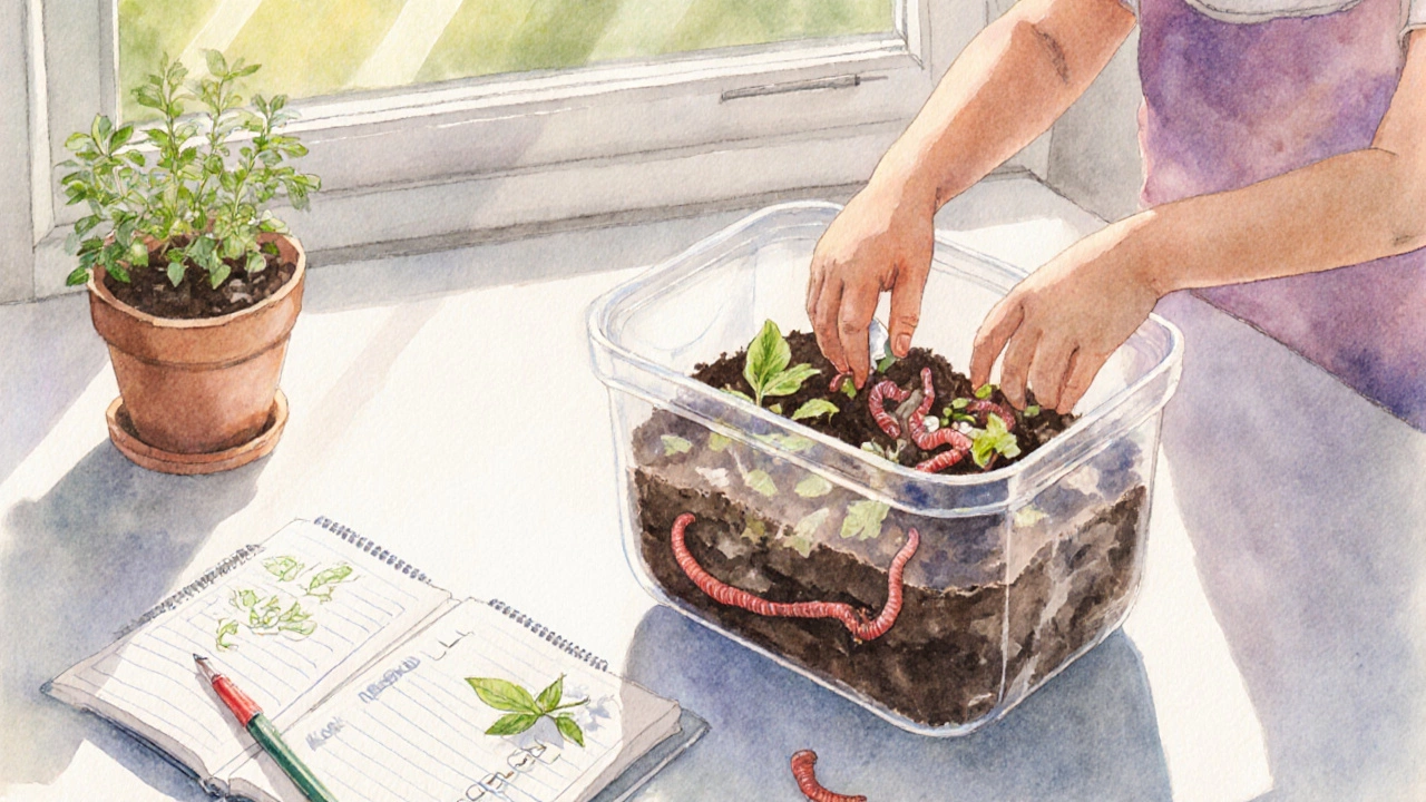 Ребёнок кладёт отходы в компост-бутылку у окна.