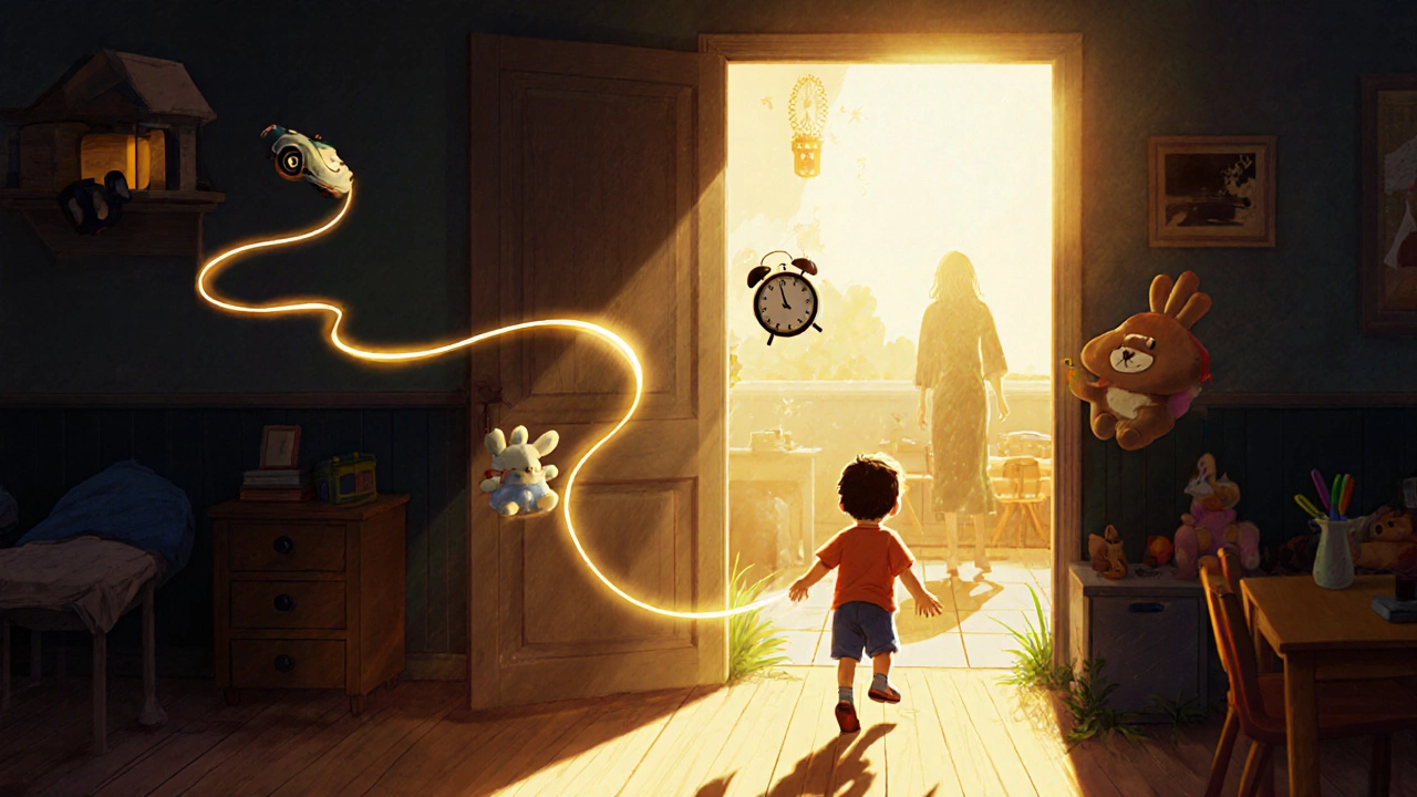 Ребенок переходит от темного дома к светлому саду, за ним тянется светящаяся ленточка и символы утешения.