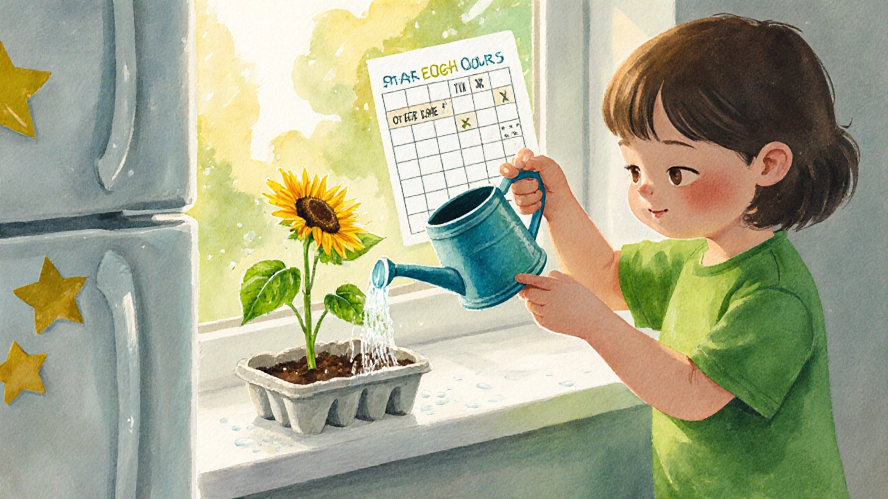Ребёнок поливает подсолнух в рассаднике из яичной упаковки у окна.