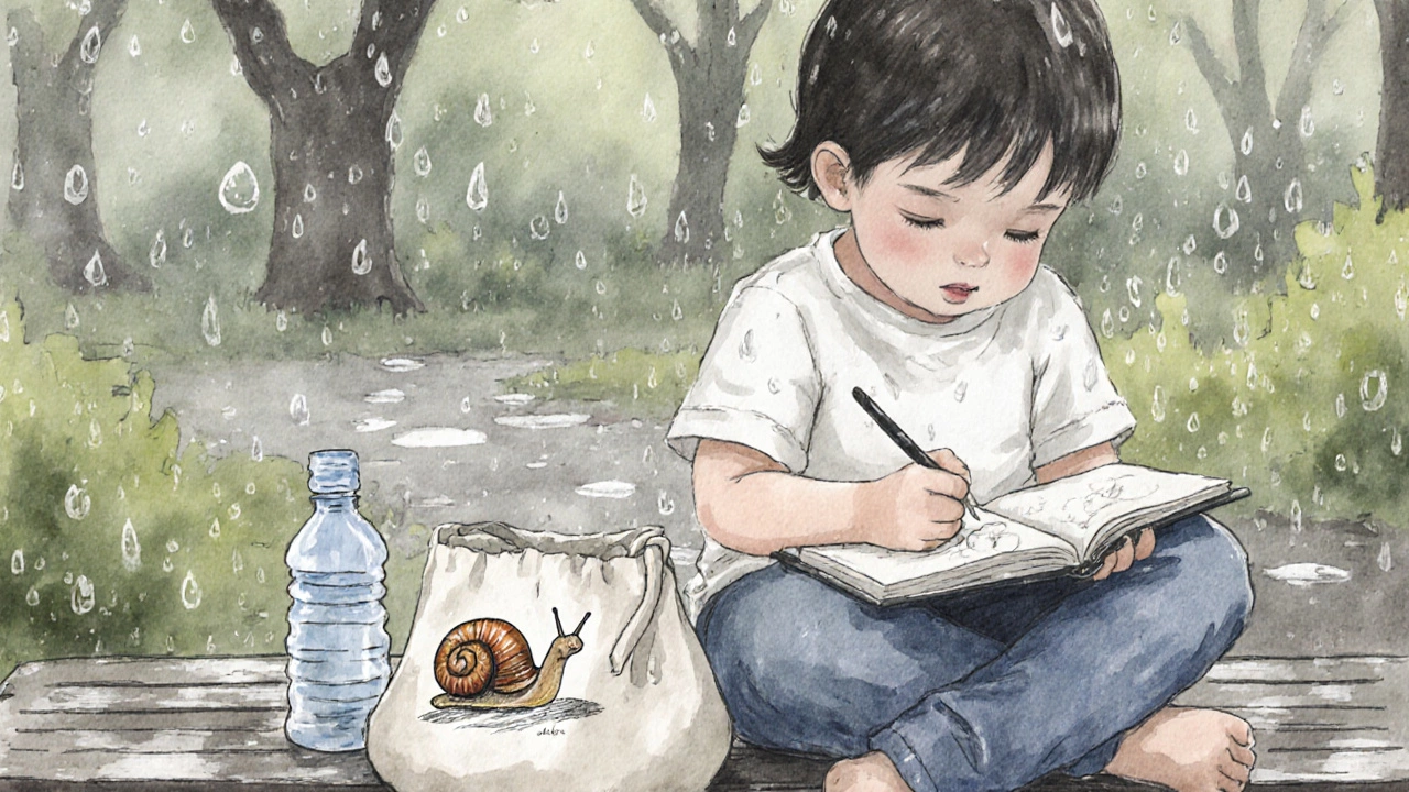 Ребёнок рисует улитку в блокноте под дождём в парке.