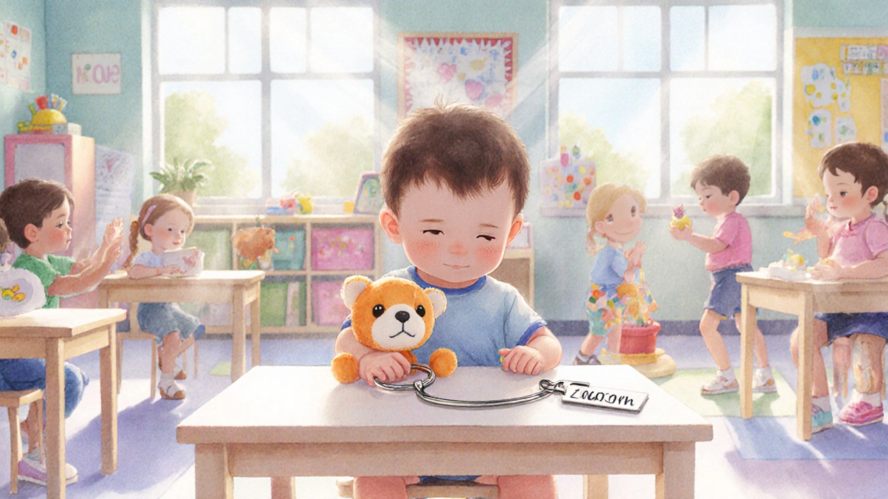 Ребенок сидит в группе, держит игрушку и брелок с именем мамы, вокруг другие дети играют спокойно.