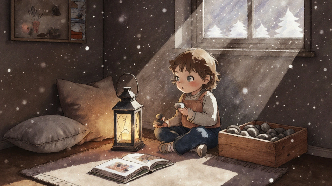 Ребёнок сидит в уголке тишины, держит камешек, свет фонарика мягко освещает его лицо.