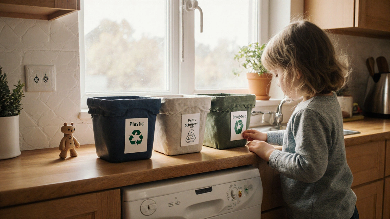 Ребёнок сортирует мусор по трём корзинам на кухне, на подоконнике горшок с растением.