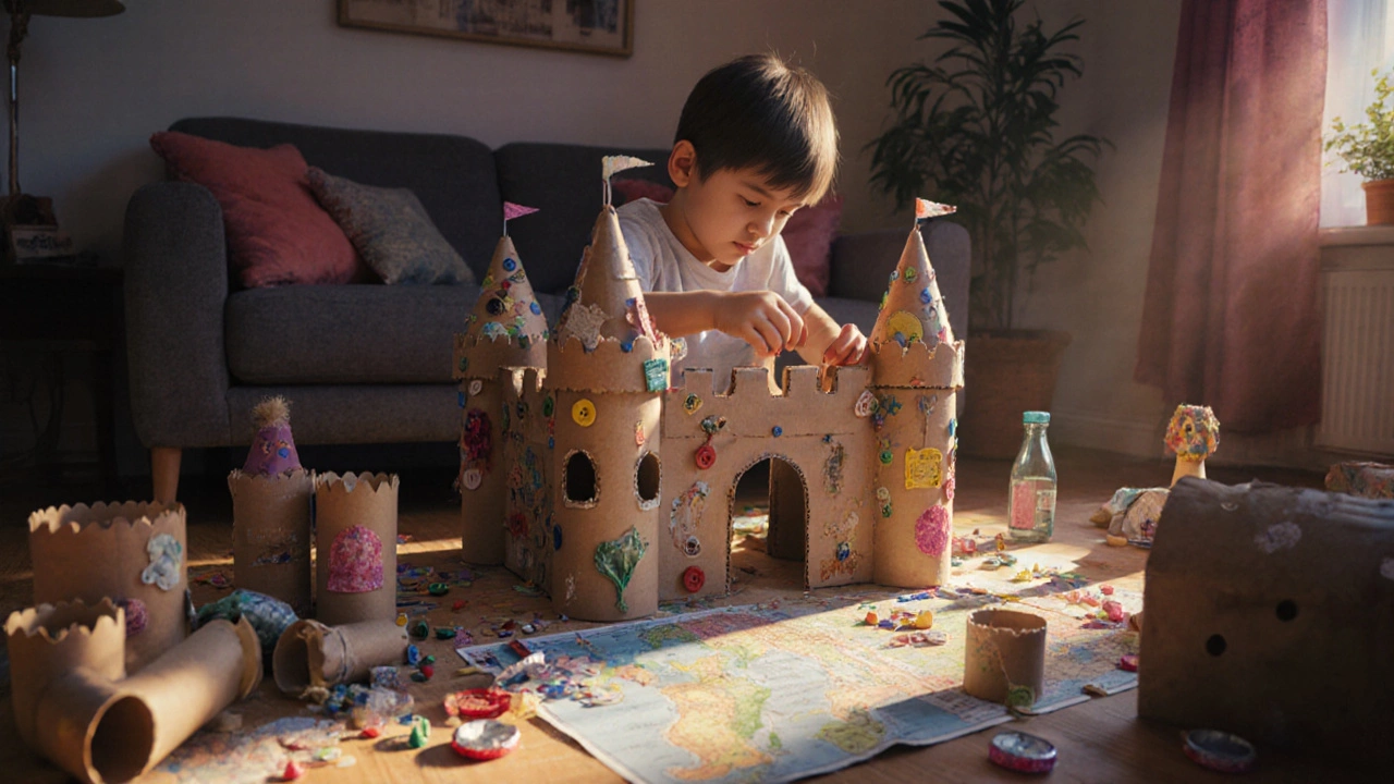 Ребёнок строит замок из картонных трубочек и пуговиц, окружённый самодельными сокровищами.