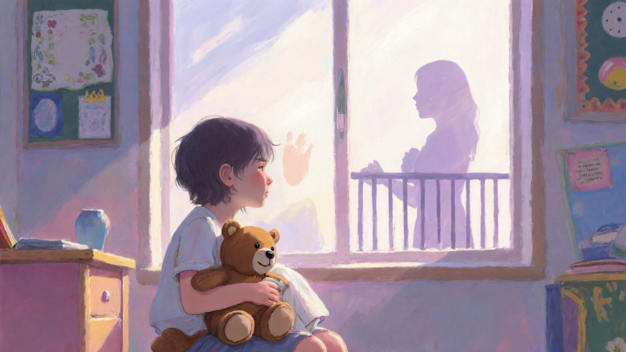 Ребёнок в детском саду с любимой игрушкой и платком, смотрит в окно на родителя.