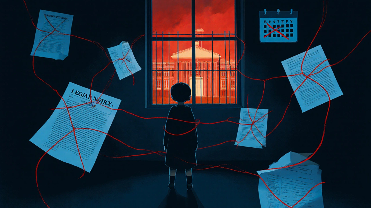 Ребёнок в клетке из юридических бумаг, школа видна в окне, тёмный фон с красными нитями.