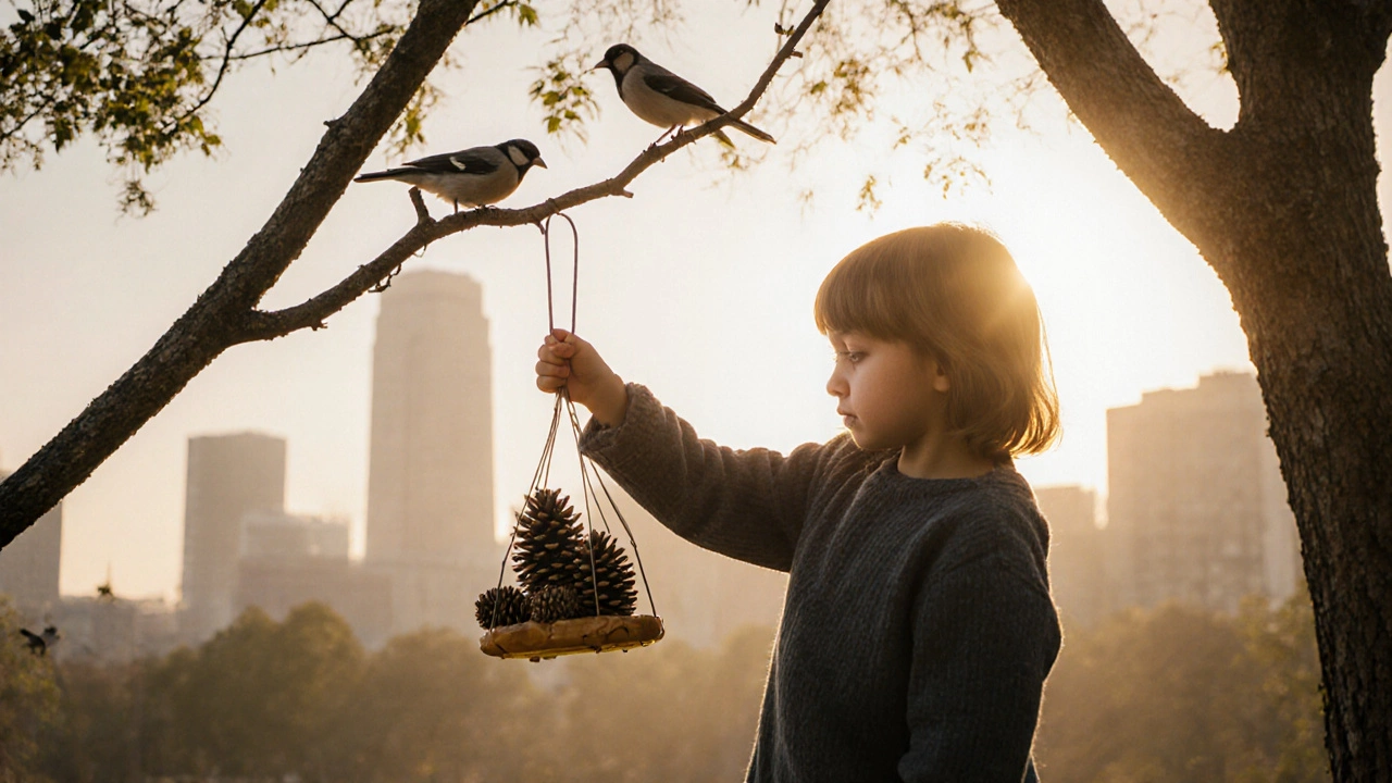 Ребёнок вешает кормушку для птиц на дерево в городском парке.
