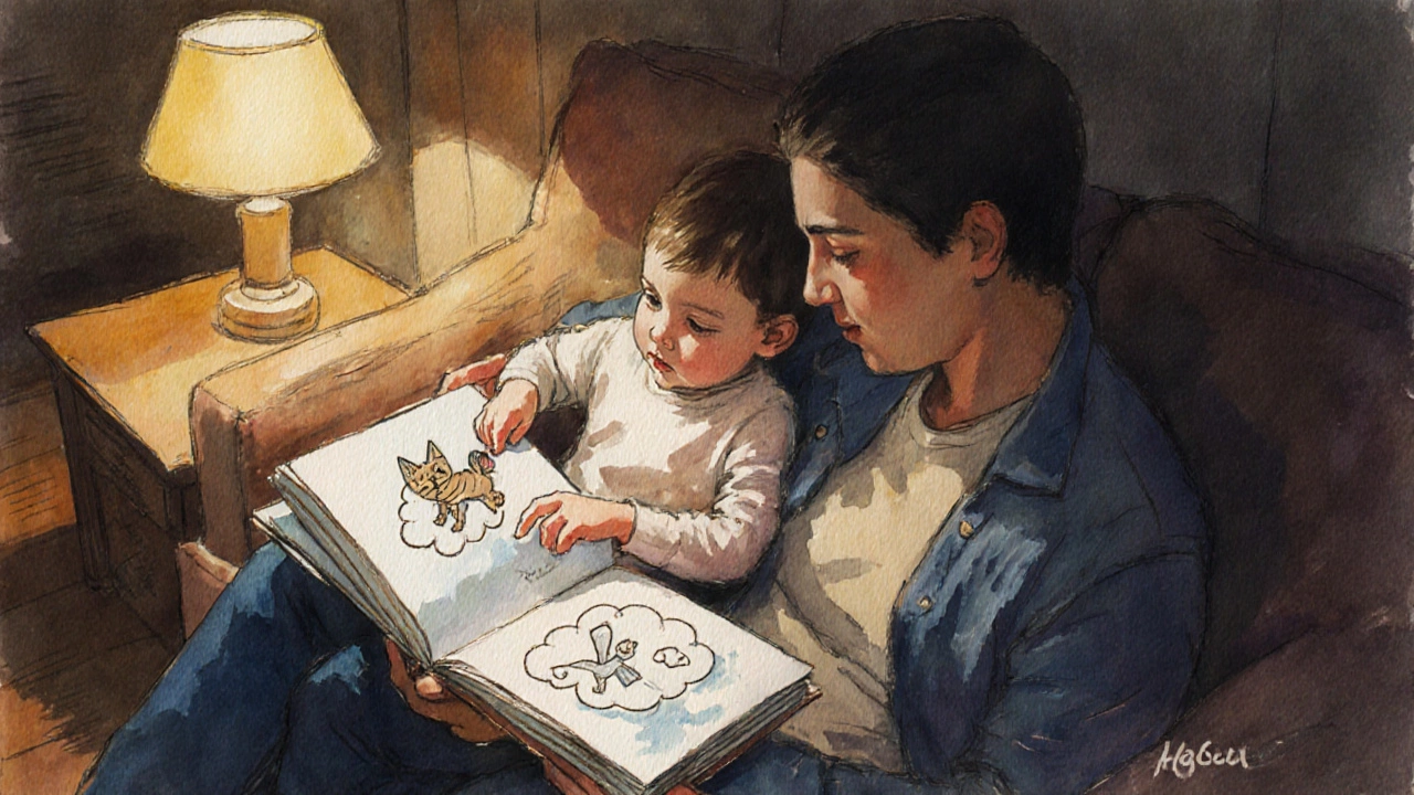 Семья читает вместе сделанную руками книгу о коте на облаке, без экранов, только бумага и тепло.