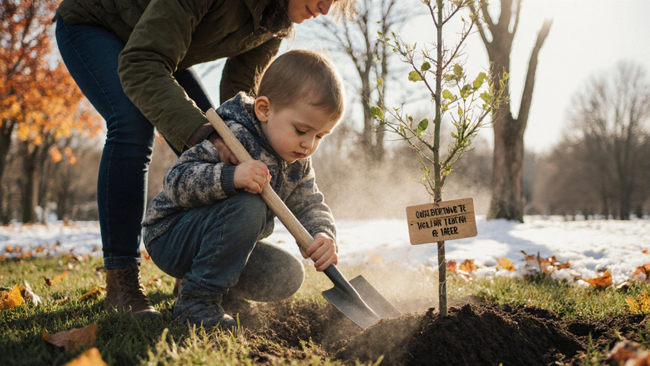 Семья сажает дерево на день рождения ребёнка, на стволе деревянная табличка.