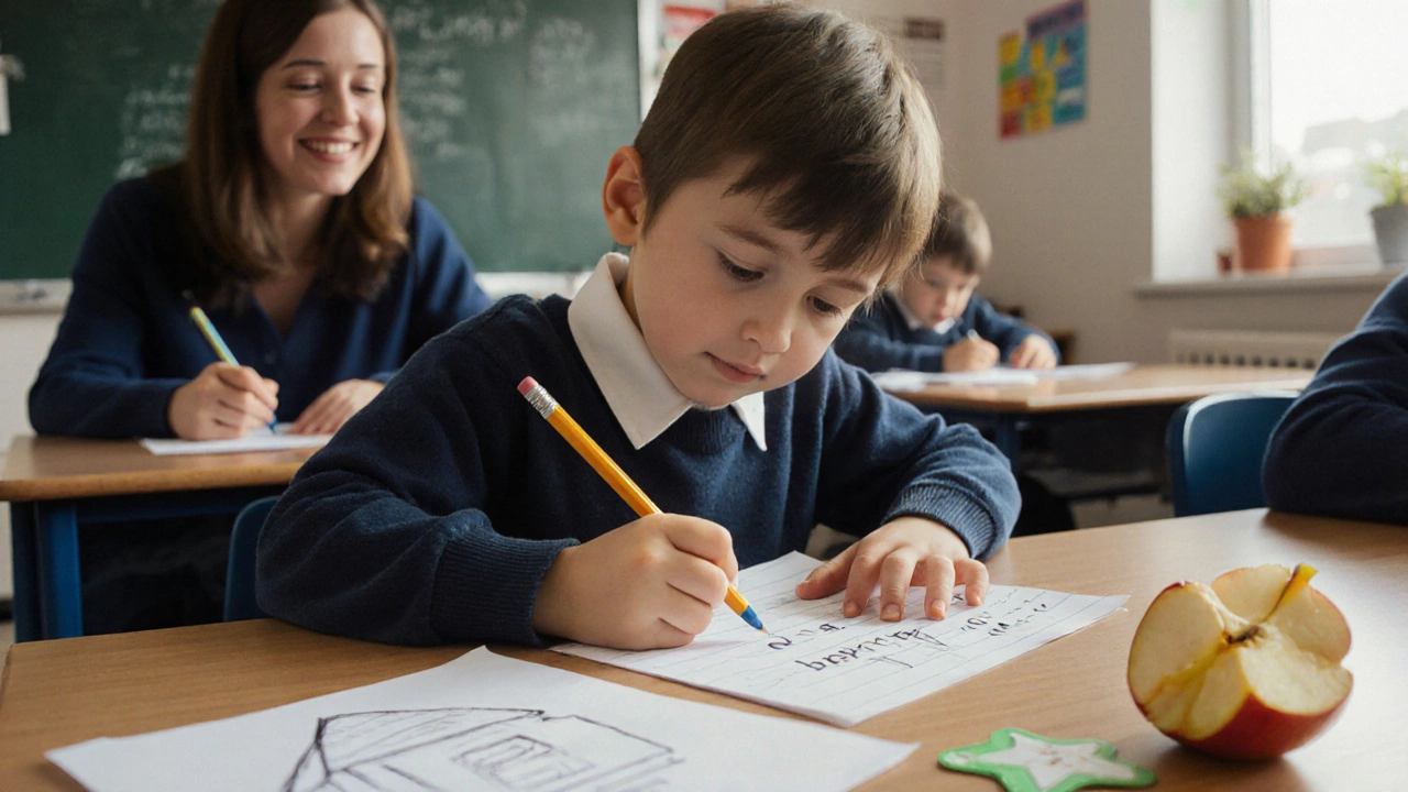 Шестилетний ребёнок пишет печатные буквы в тетради в классе, учитель смотрит с улыбкой.
