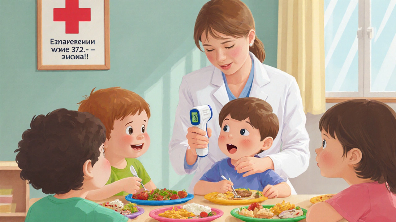 Воспитательница измеряет температуру ребёнку в группе, дети едят обед за столом, на стене — предупреждение о температуре.