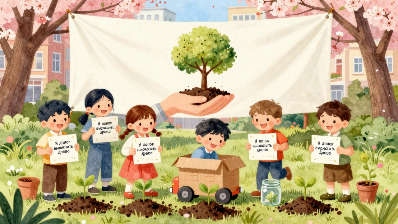 Дети сажают саженцы в парке, держа сертификаты о том, что помогли вырастить дерево.