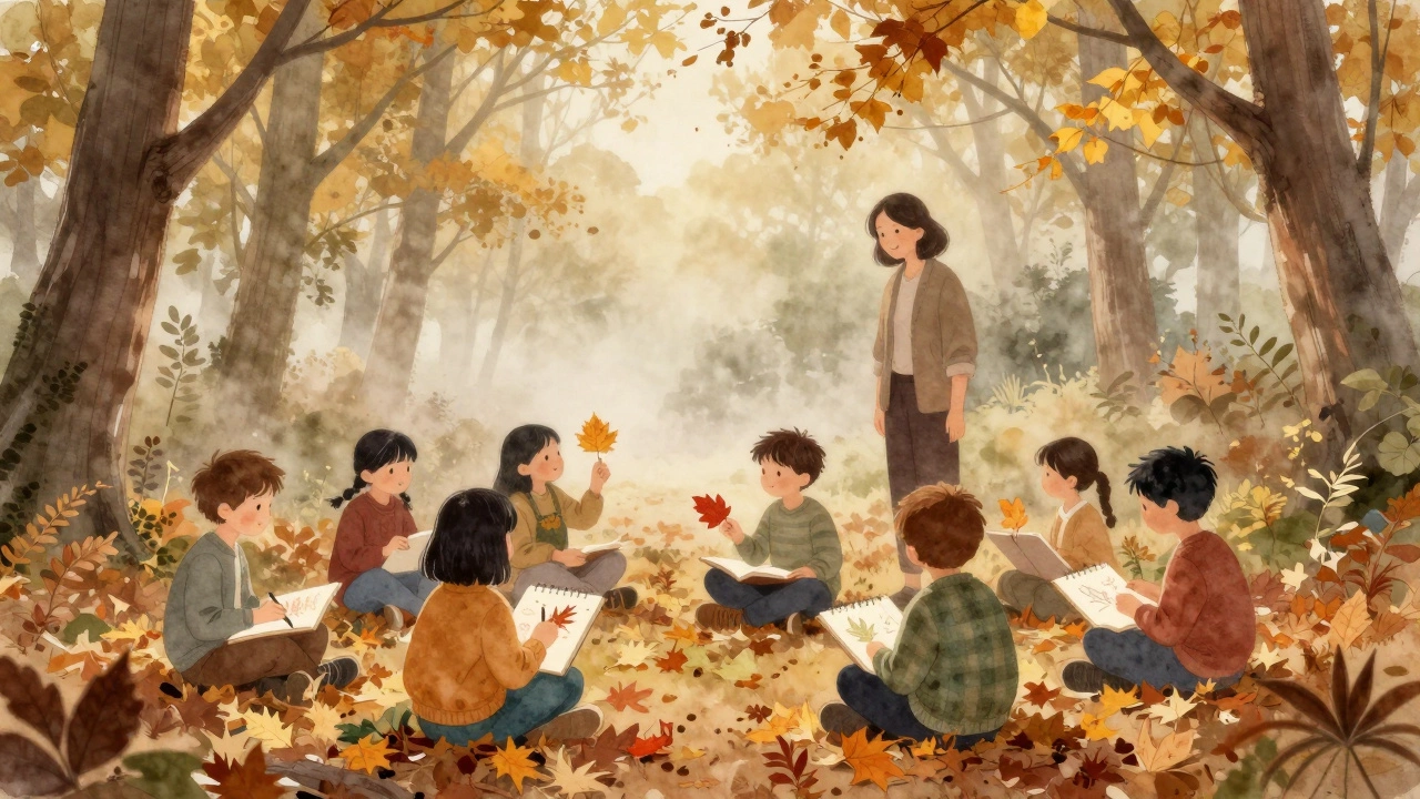 Дети сидят на листьях в лесу, рисуют осенние листья в блокнотах под тихий шум ветра.