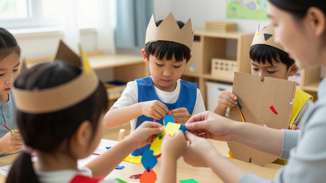 Дети вместе делают костюмы из бумаги и ткани под руководством воспитателя.