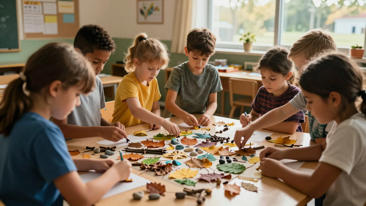 Дети вместе создают мозаику из листьев и веток на полу класса, сосредоточенно работая вдвоём.