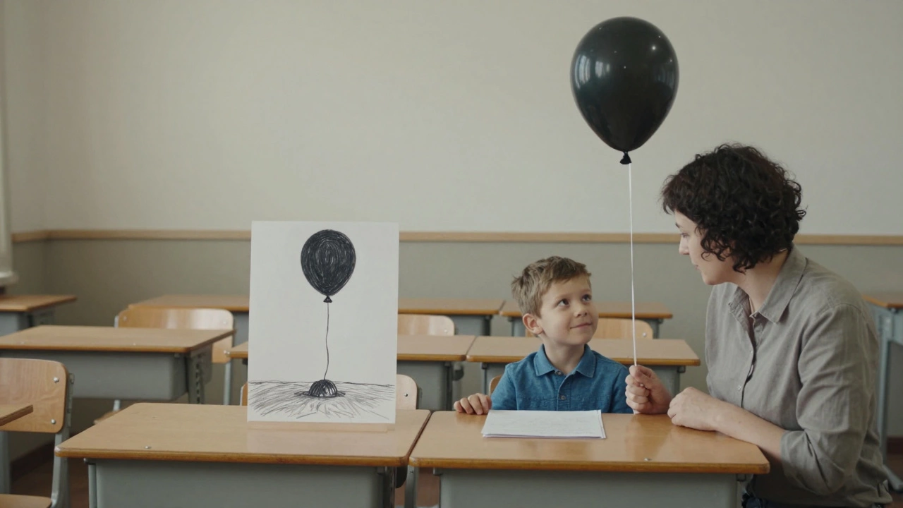 Мальчик показывает учительнице рисунок чёрного шара, тянущего его в землю.