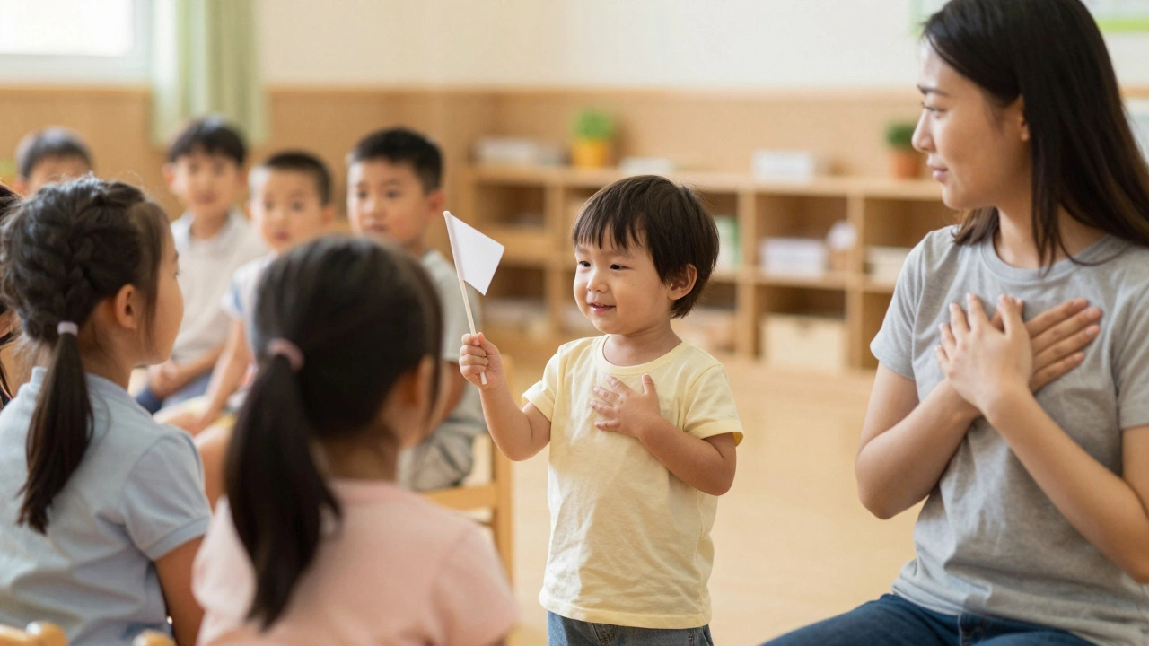Маленький ребёнок держит флажок рядом с группой, родитель смотрит с зала с трогательным выражением лица.
