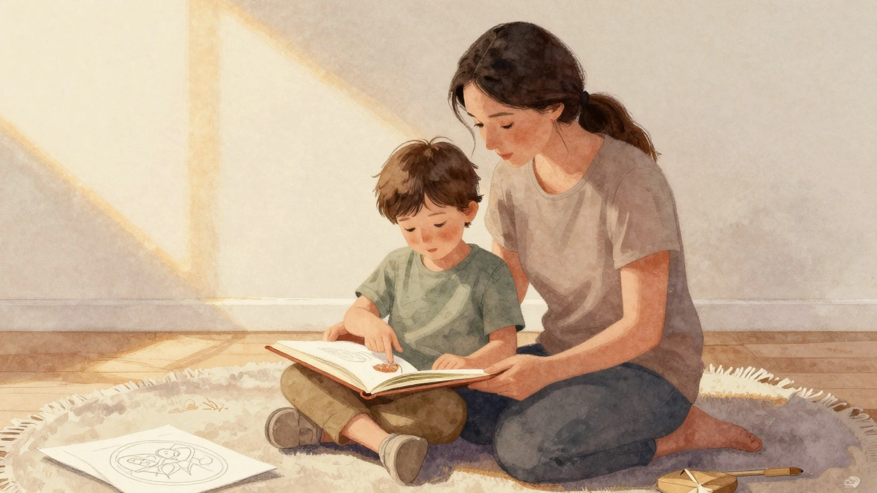 Мама и ребёнок вместе читают книгу на полу, мягкий свет и уют.