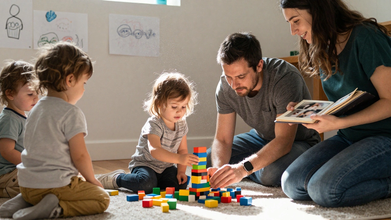 Папа и дочь вместе строят башню из блоков, мама смотрит на старое фото в детском саду.