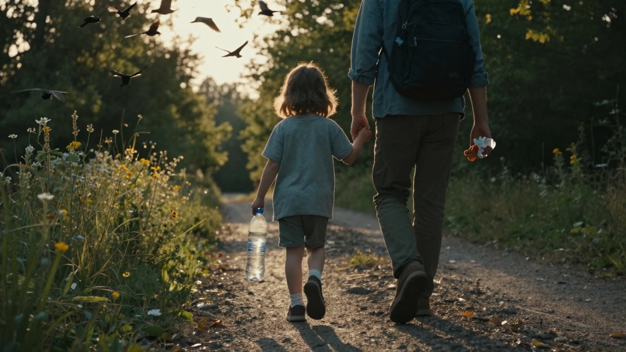 Ребёнок и взрослый собирают мусор вместе в лесу на закате.