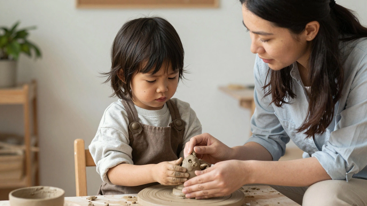 Ребёнок лепит из глины зверя, а учитель наклоняется, чтобы спросить его что-то.