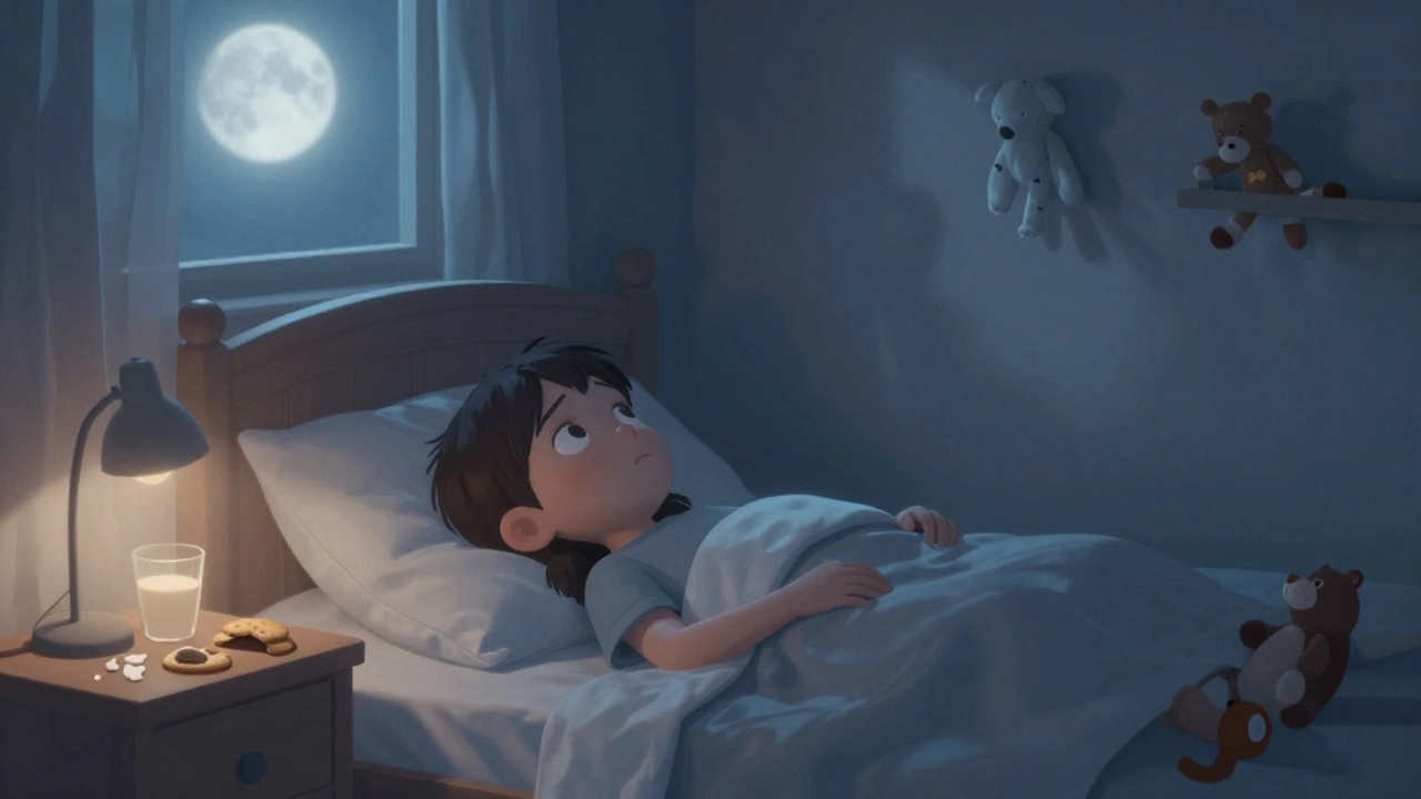 Ребёнок лежит в постели ночью, не может уснуть, в комнате тихо и светло от луны.