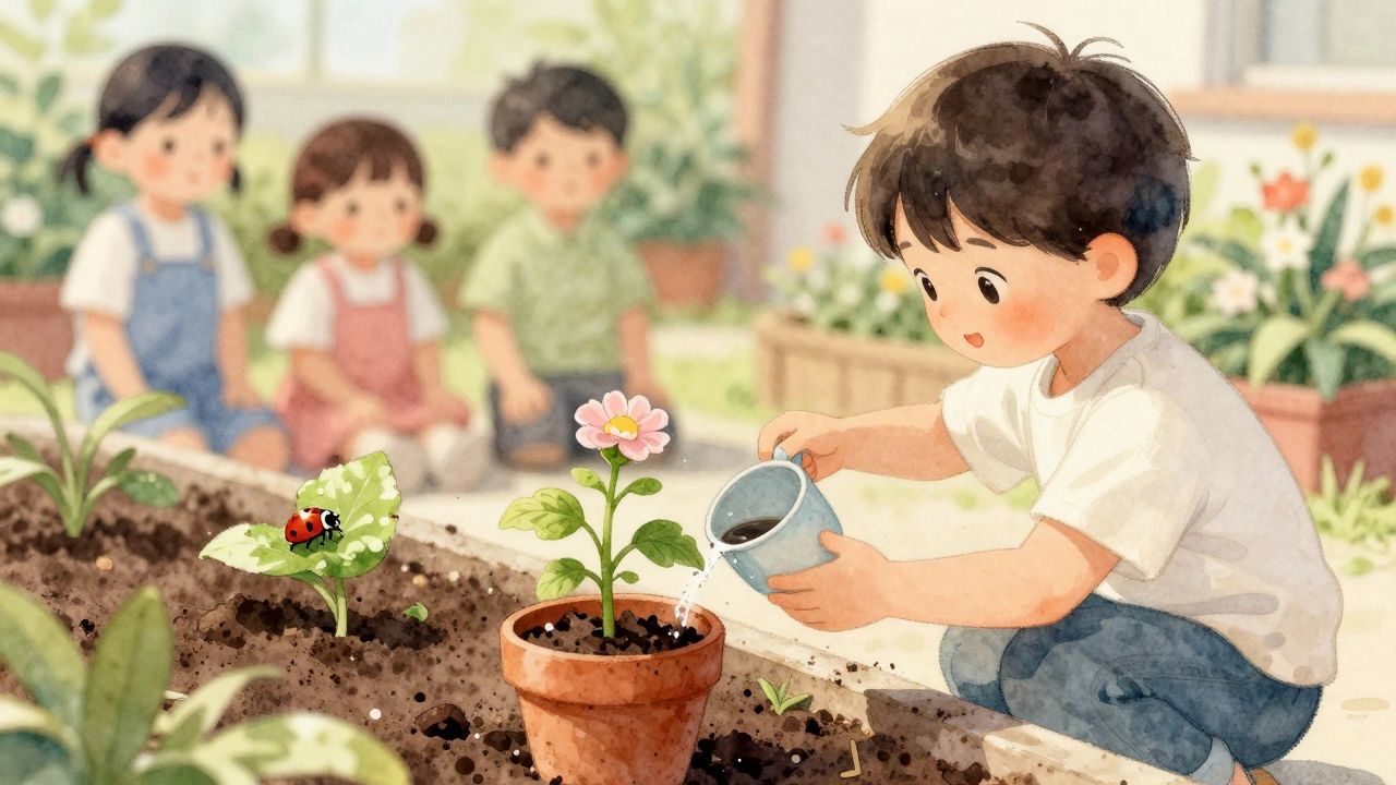 Ребёнок поливает растение в саду, рядом ползёт божья коровка.