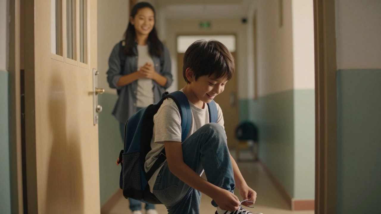 Ребёнок самостоятельно завязывает шнурки, держа рюкзак, перед входом в школу.