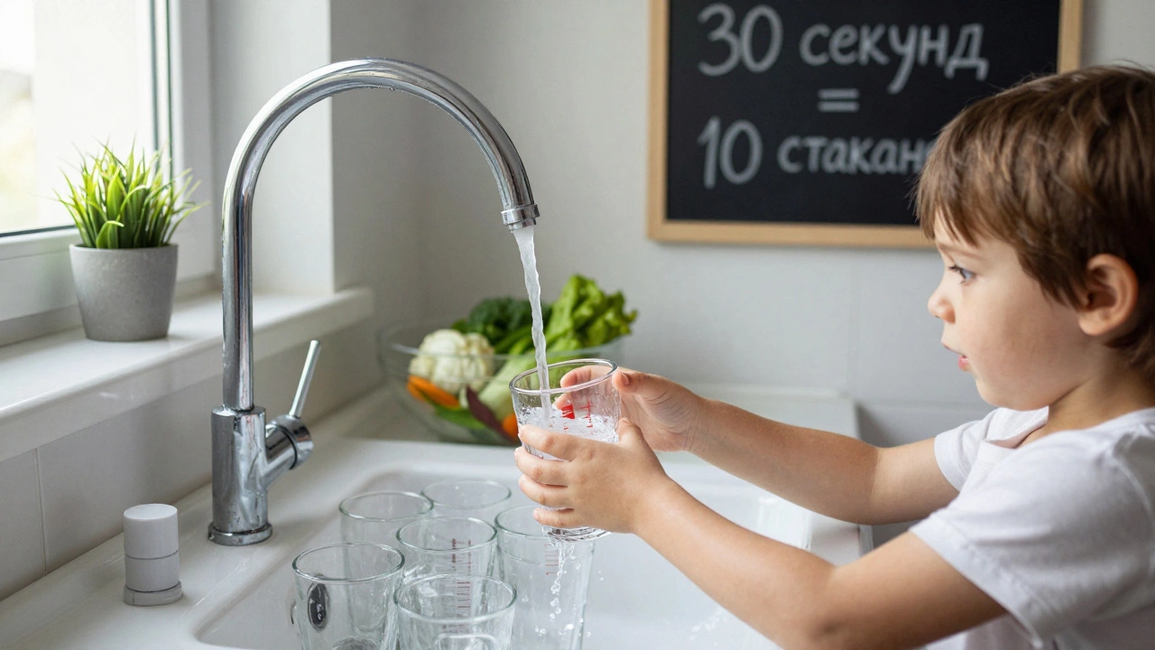 Ребёнок смотрит, как вода наполняет десять стаканов под краном, понимая расход воды.