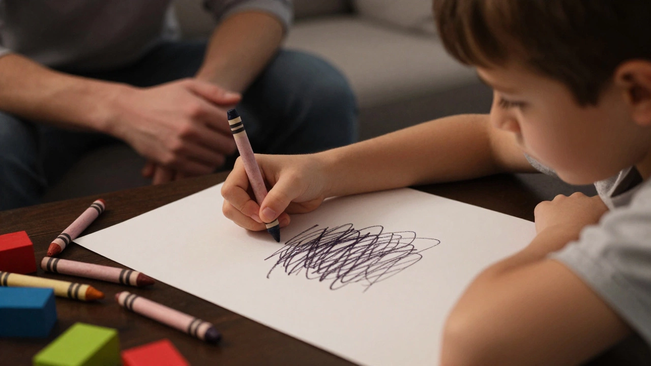 Ребёнок смотрит на пустой лист бумаги, игрушки вокруг не тронуты, он выглядит уставшим.