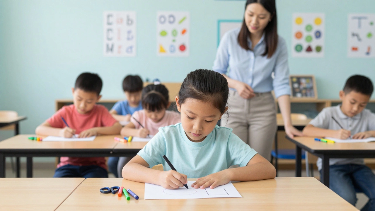 Ребёнок сосредоточенно рисует геометрические фигуры за партой в классе.