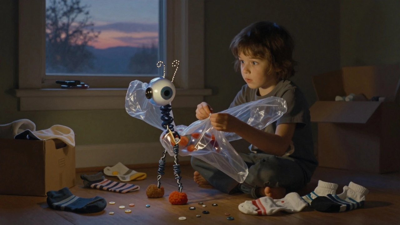 Ребёнок создаёт странное существо из старых вещей в тихой комнате.