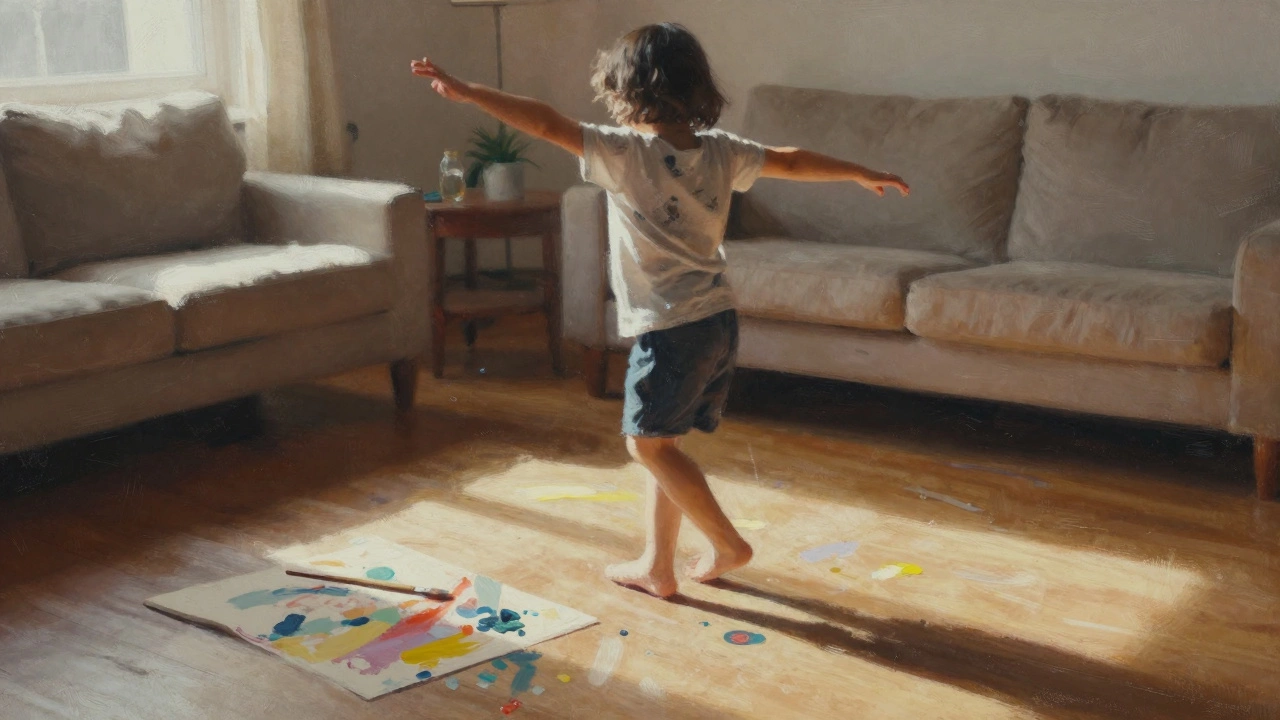 Ребёнок танцует в комнате, размахивая руками, как будто рисует в воздухе, рядом лежит кисть.