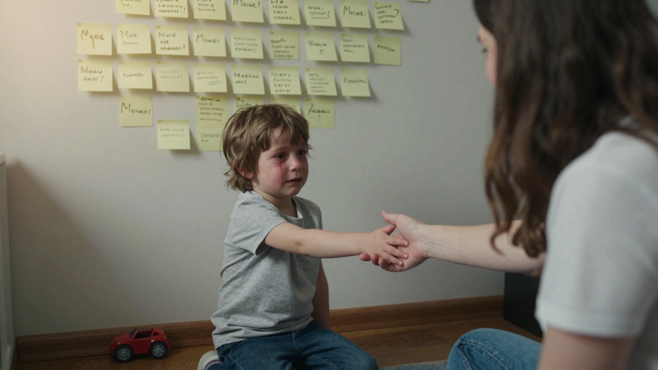 Ребенок тянется к маме за рукой, на стене — записки с фразами о чувствах.